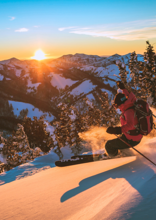 A skier carves through fresh powder on a sunlit alpine slope at sunset, trees dusted in snow as the mountains glow with golden light.